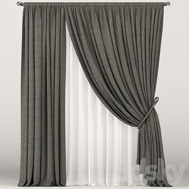 Brown curtains in the background with white tulle. 3D Model