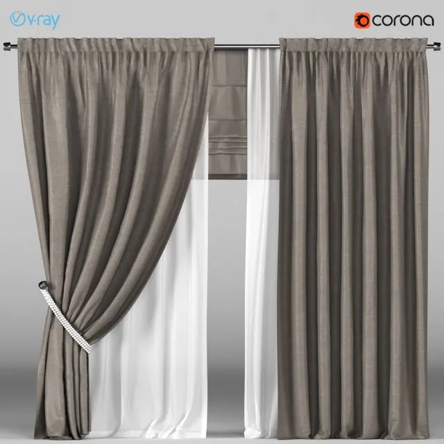 Brown curtains in the background with white tulle + Roman blinds 3D Model