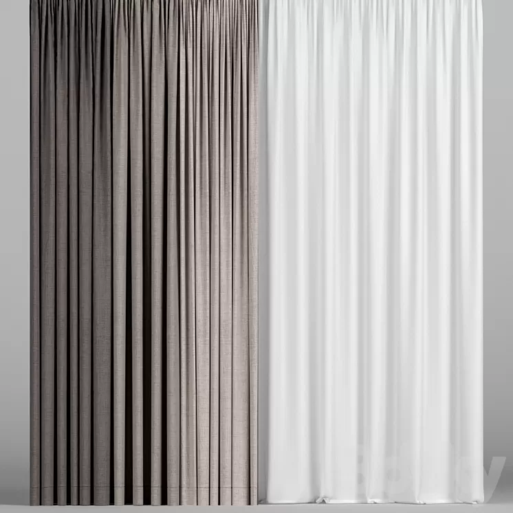 Brown curtains in three colors with tulle. 3D Model