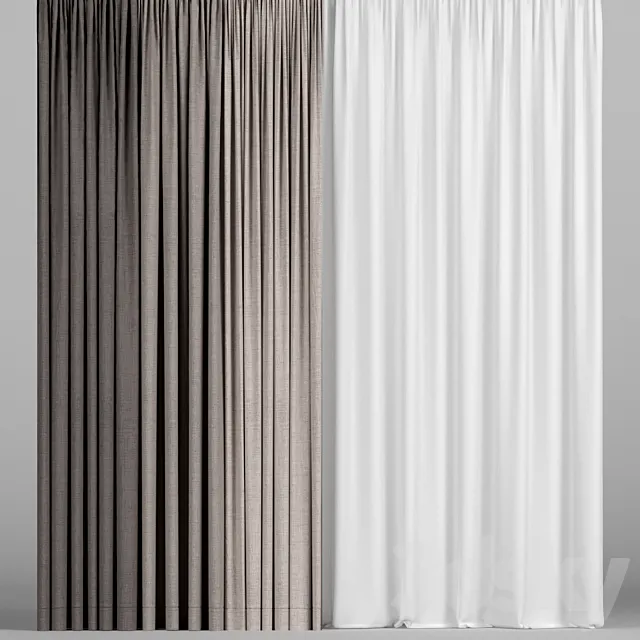 Brown curtains in three colors with tulle. 3DModel