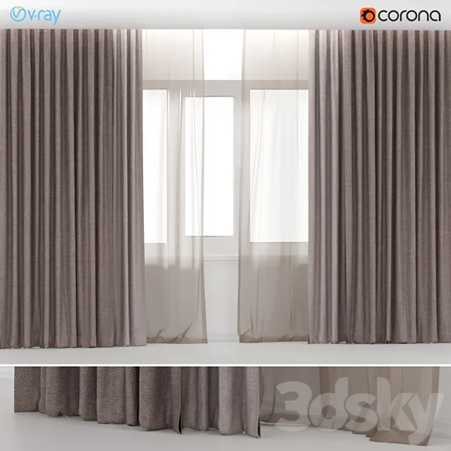 Brown curtains in two colors with brown tulle. 3D Model