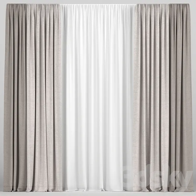 Brown curtains in two colors with tulle. 3D Model