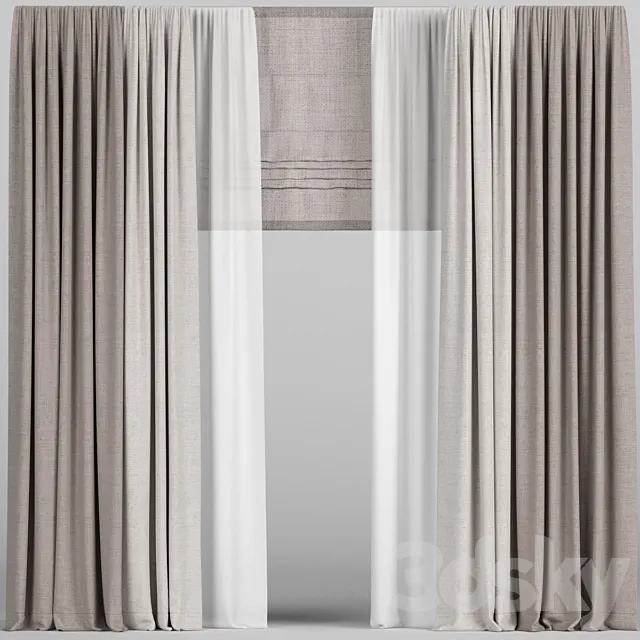 Brown curtains in two colors with tulle and roman. 3D Model