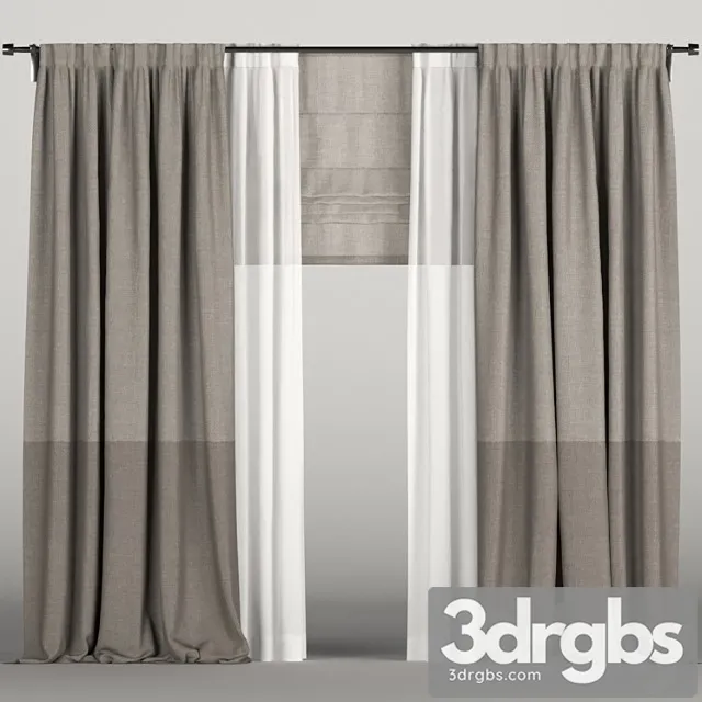 Brown curtains in two shades with roman blinds and tulle. 3D Model Free