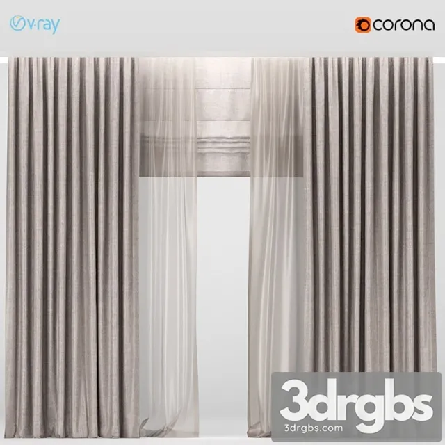 Brown Curtains With Brown Tulle Roman blinds. 3D Model Free