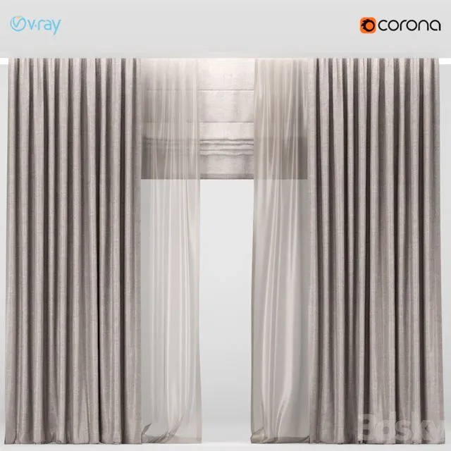 Brown curtains with brown tulle + Roman blinds 3D Model