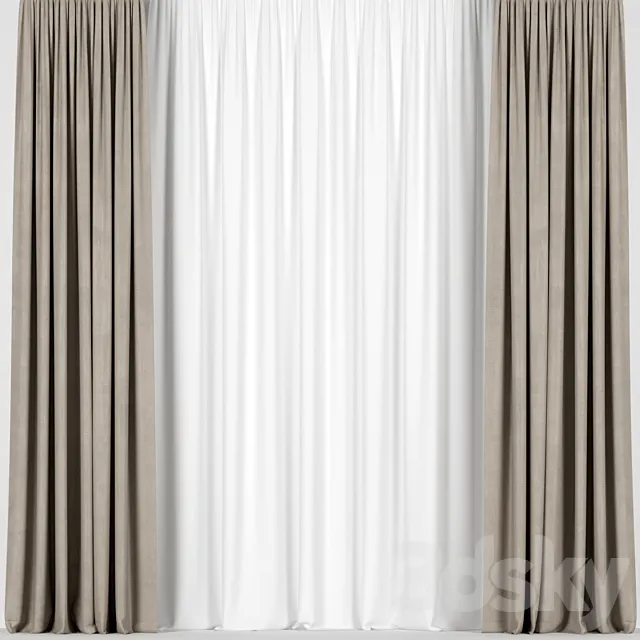 Brown curtains with tulle 3D Model
