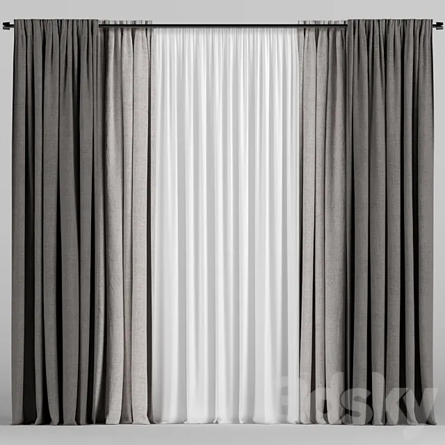 Brown curtains with tulle. 3D Model