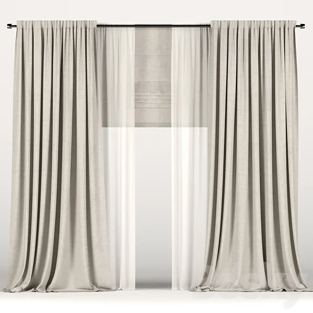 Brown curtains with tulle and a roman curtain 3D Model