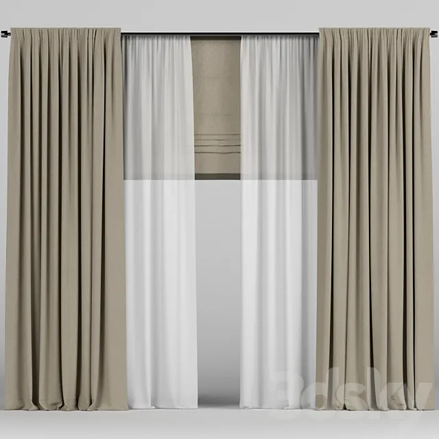 Brown curtains with tulle and roman. 3D Model
