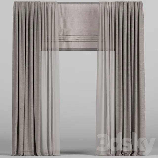 Brown curtains with tulle and roman blinds. 3D Model