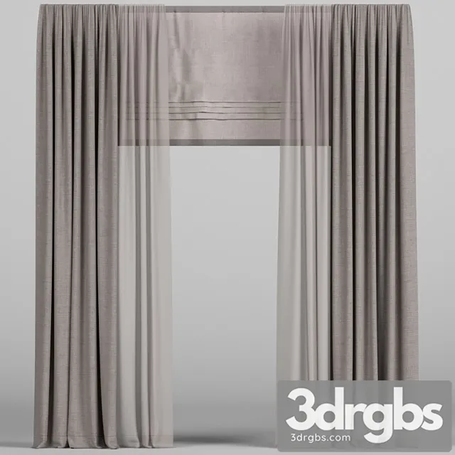Brown Curtains With Tulle and Roman Shades 3D Model Free