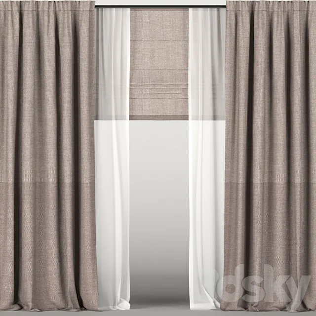 Brown curtains with tulle + Roman blinds. 3DModel