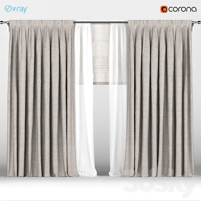 Brown curtains with white tulle + Roman blinds. 3DModel