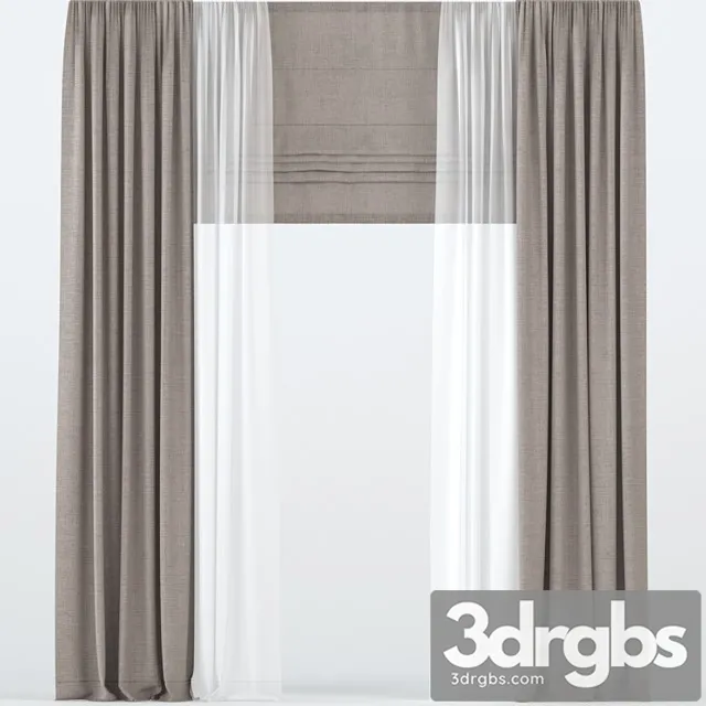 Brown straight curtains with tulle and roman. 3D Model Free