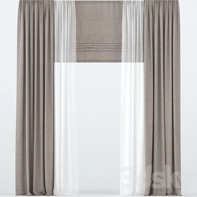 Brown straight curtains with tulle and roman. 3D Model