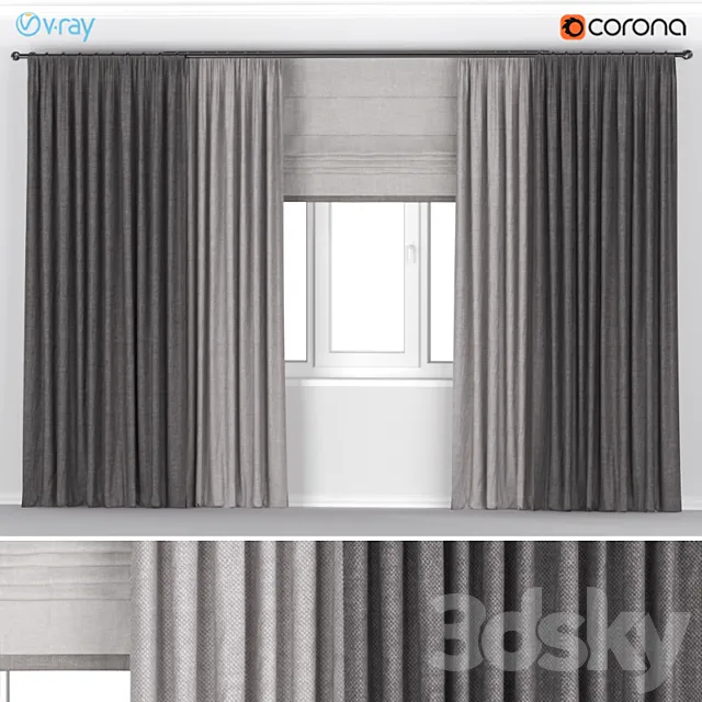 Brown thick wide curtains in two colors + Roman blinds. 3DModel