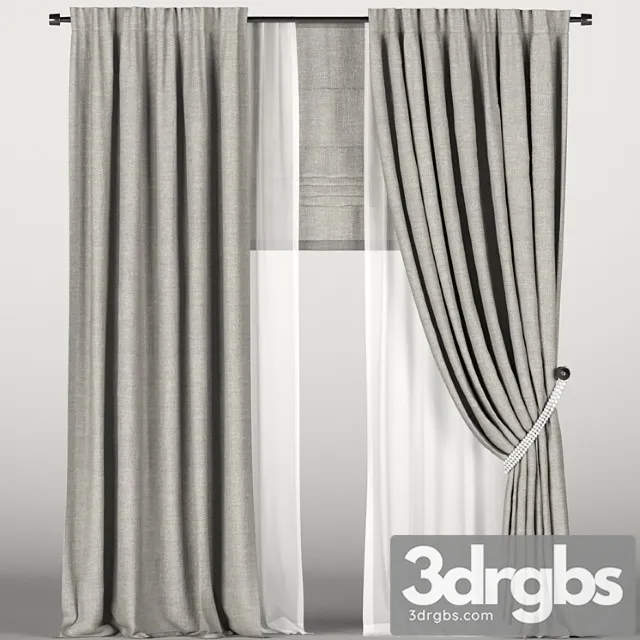 Brown Tied Curtains With Tulle and Roman Shades 3D Model Free