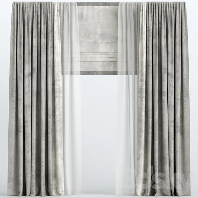 Brown velvet curtains with Roman and tulle 3D Model