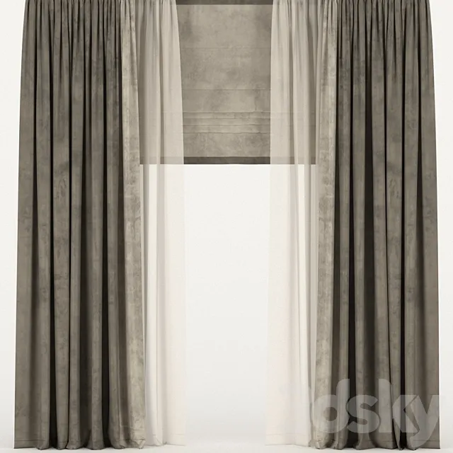 Brown velvet curtains with tulle and a roman curtain 3D Model