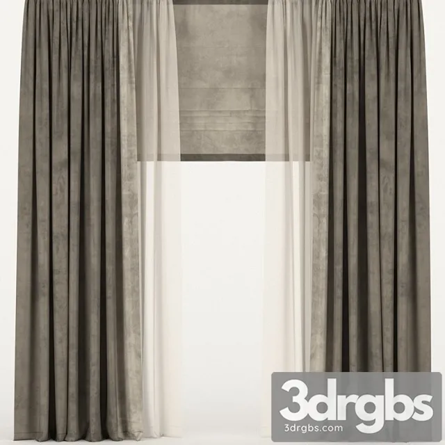 Brown Velvet Curtains With Tulle And Roman Shades 3D Model Free