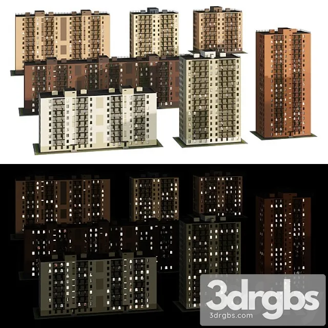 Building Set Of Multi Storey Houses 2 3D Model Download