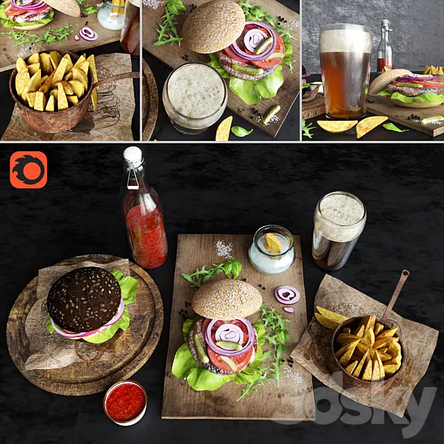 Burgers with potatoes and beer 3DModel