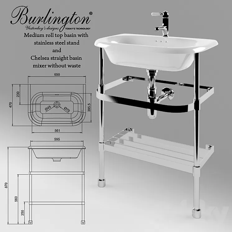 Burlington Medium roll top basin with stainless steel stand 3D Model