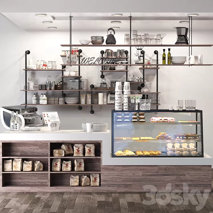 Cafe in loft style with a showcase with desserts and sweets 3. Coffee point 3D Model