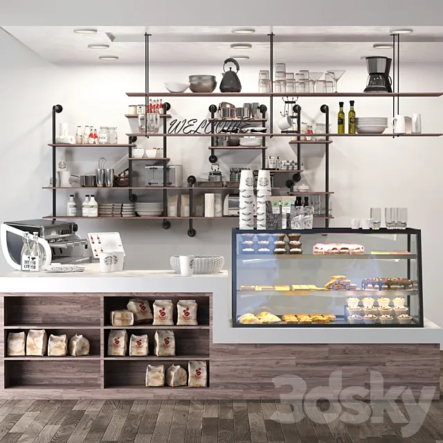 Cafe in loft style with a showcase with desserts and sweets 3. Coffee point 3DModel