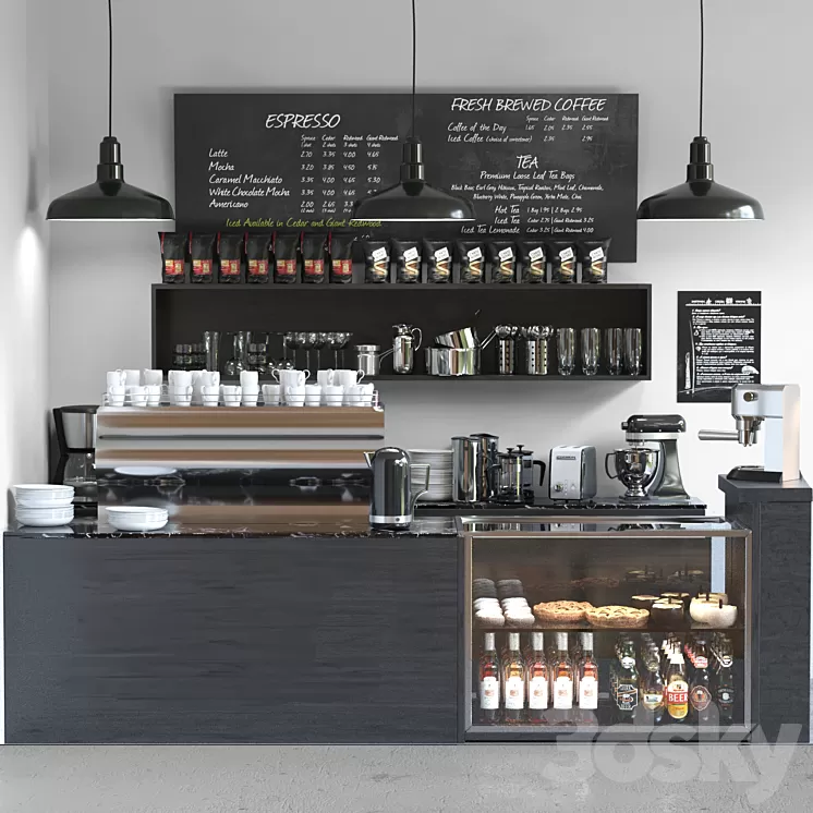 Cafe in minimalist style with a refrigerator with sweets and low-alcohol drinks 3D Model