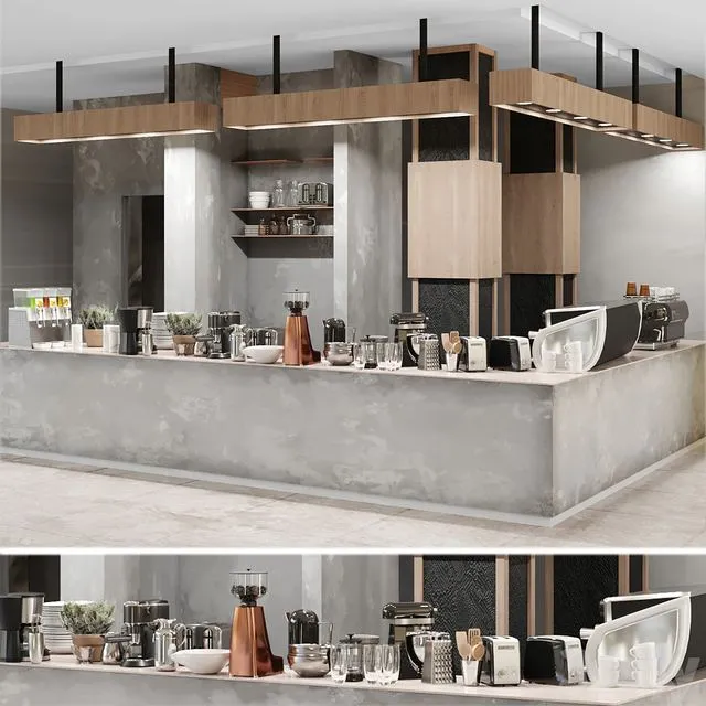 Cafe with a minimalist design with elements of concrete and wood. Coffee machine coffee maker 3D Model