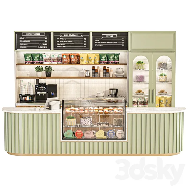 Cafe with display case with desserts and coffee machine 3D Model