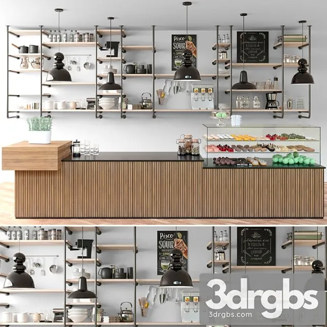 Cafe with shelves and a showcase with desserts and sweets in a loft style 3D Model Free