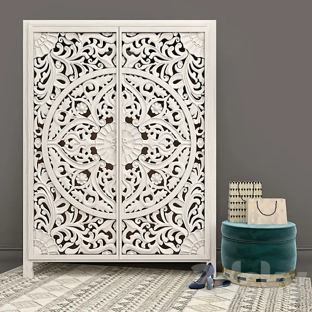 Carved Lombok Armoire with Velvet Carousel Ottoman pouf by Anthropologie 3D Model
