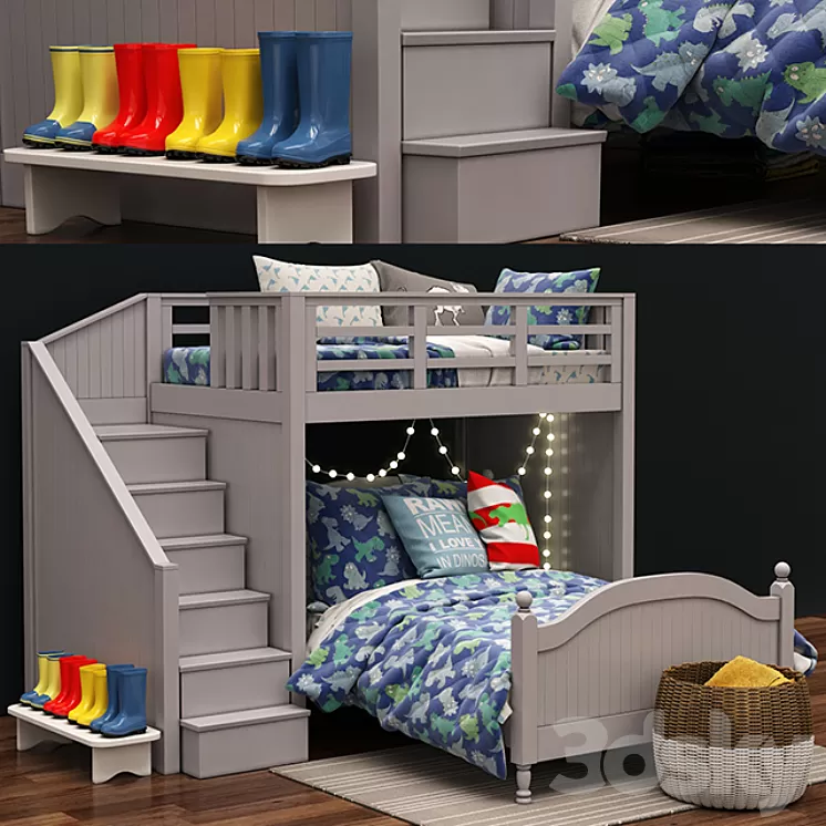 Catalina Stair Loft Bed & Lower Bed Set by Pottery Barn Kids 3D Model