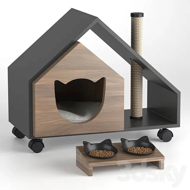 Cat's house Tory and bowl 3D Model