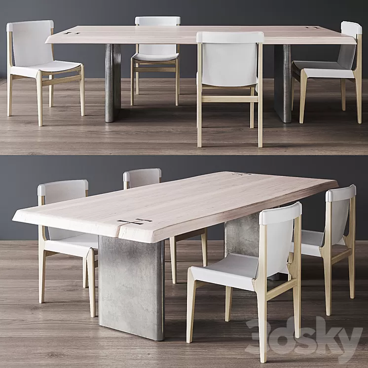 CB2 Burano White Leather Sling Chair Landscape Live Edge White Washed Wood Dining Table 3D Model Free