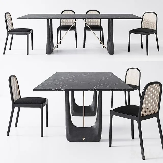 CB2 Nadia Cane chair Rocco Rectangular marble dining table 3D Model