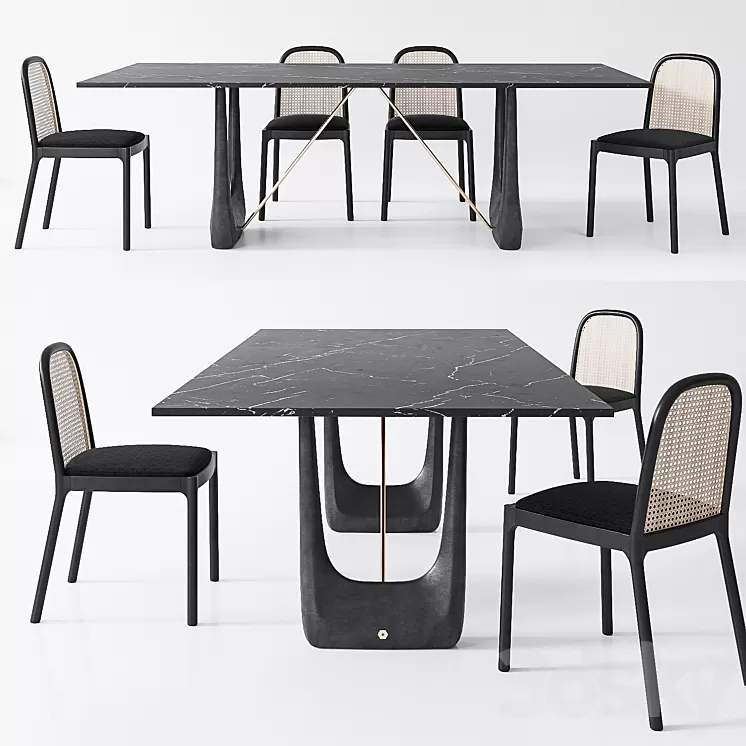 CB2 Nadia Cane chair Rocco Rectangular marble dining table 3D Model