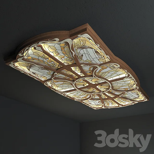Ceiling stained glass in a wooden frame with forged decor. Free Download