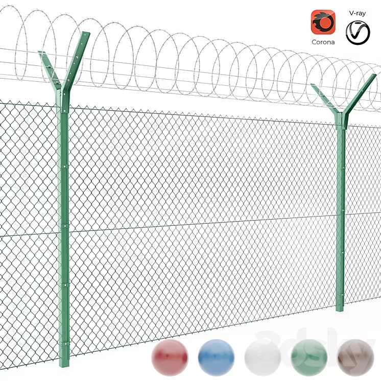 Chain link fence with spiral protective barrier 3D Model
