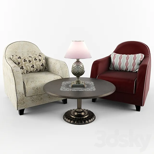 Chairs a desk lamp and a table 3D Model