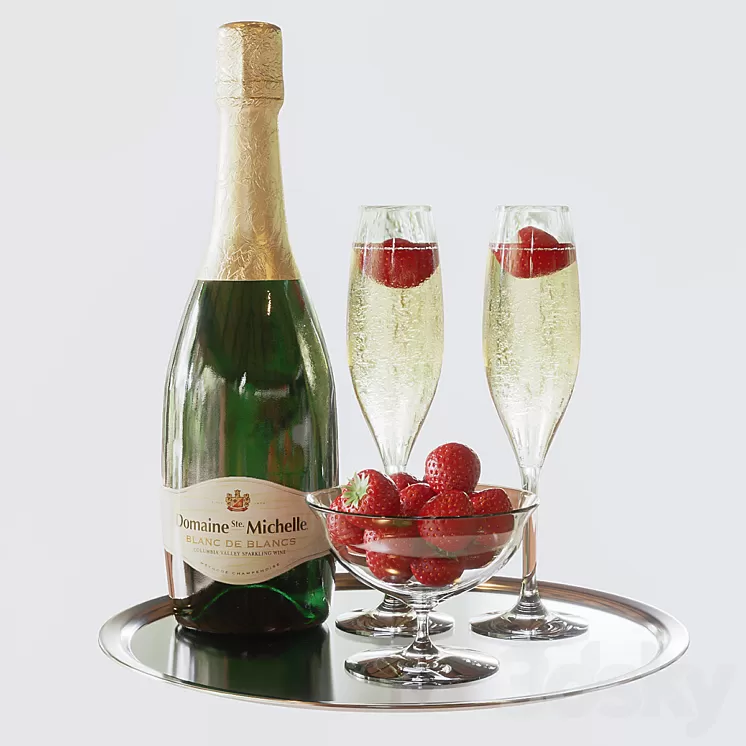 Champagne with strawberries 3D Model