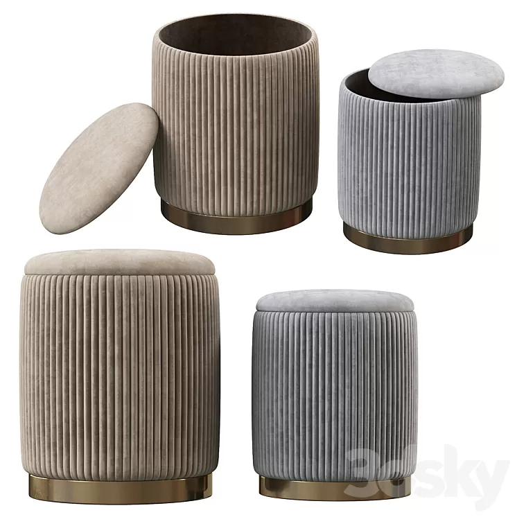 Channeled Gray Storage Ottomans - Set of 2 3D Model