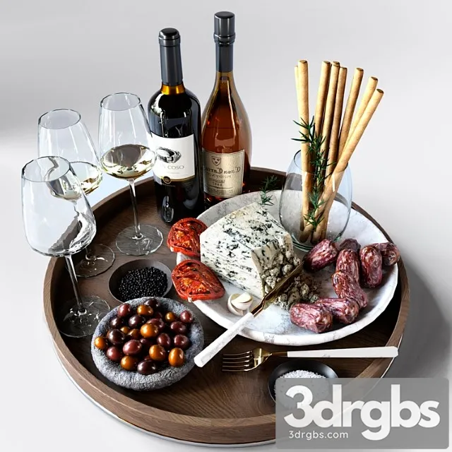 Cheese plate with sausages and wine. alcohol 3D Model Free