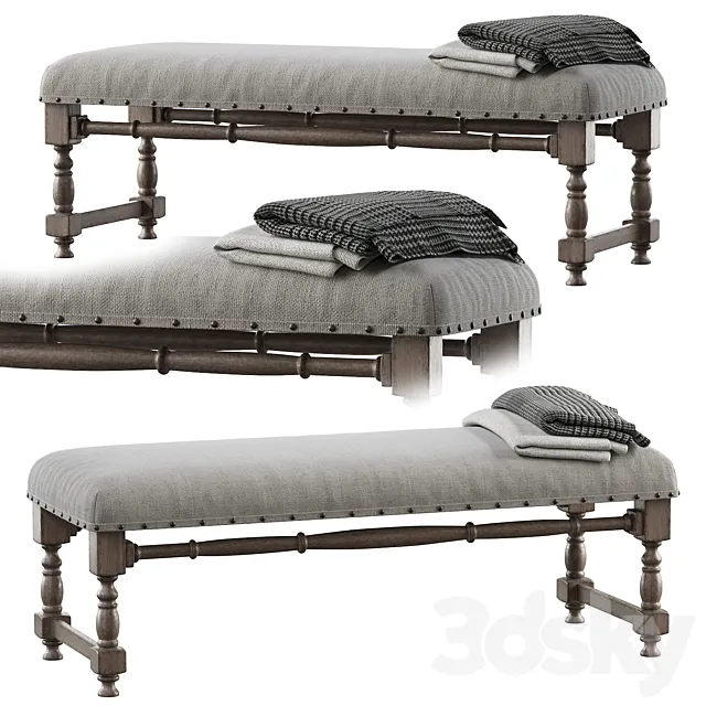 Chic Farmhouse Wood Turned Leg & Light Gray Upholstered Accent Bench 3DModel