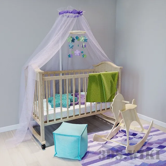 child-room - Baby cot with canopy and mobile 3D Model