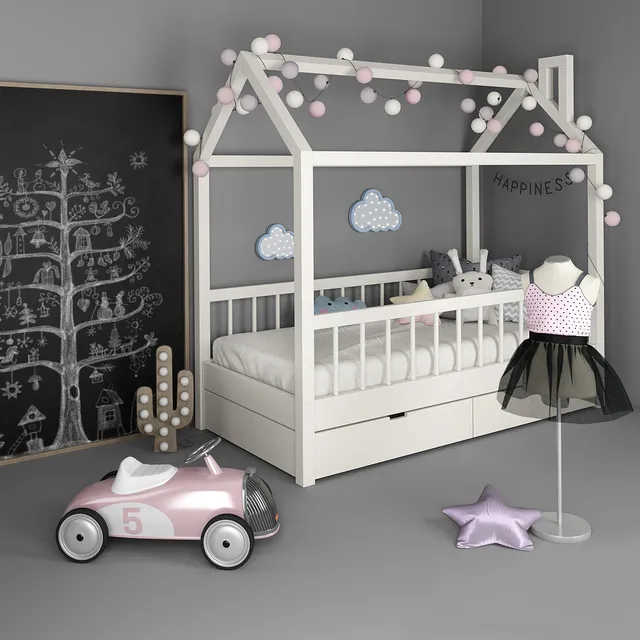 child-room - Bed house with a set of accessories for a nursery 2 3D Model