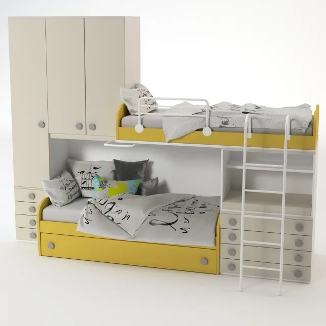 child-room - Bunk Yellow Bed 3D Model